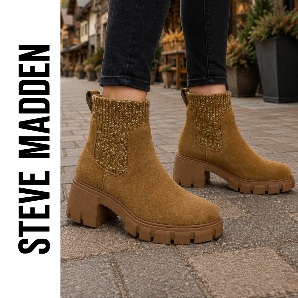 Steve Madden, Hayle Tan Suede Knit Collar Platform Lug Chelsea Boots Size 7.5